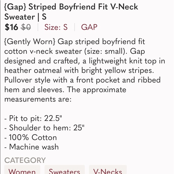 {Gap} Striped Boyfriend Fit V-Neck Sweater | S - Picture 6 of 6